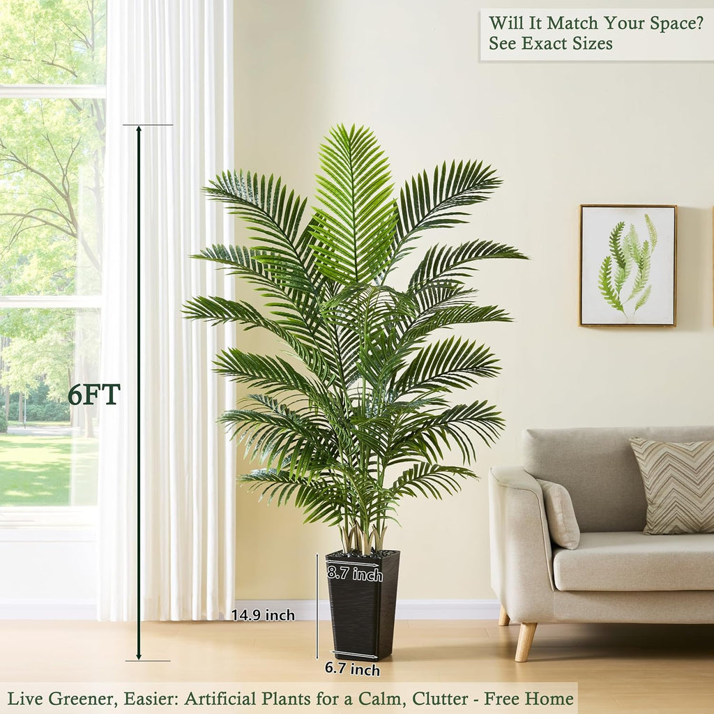 Artificial Palm Tree:6FT Tall Fake Areca Palm Plant (Black Planter)
