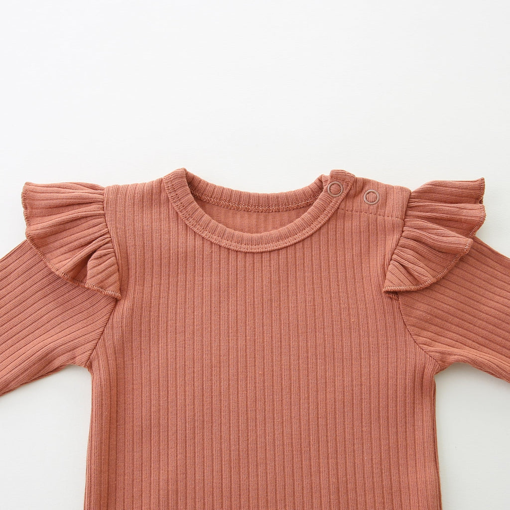 Baby Ruffle Top Newborn Bodysuit Short Sleeve Baby Brown Girl 100% Organic Cotton Breathable Solid Brown 18~