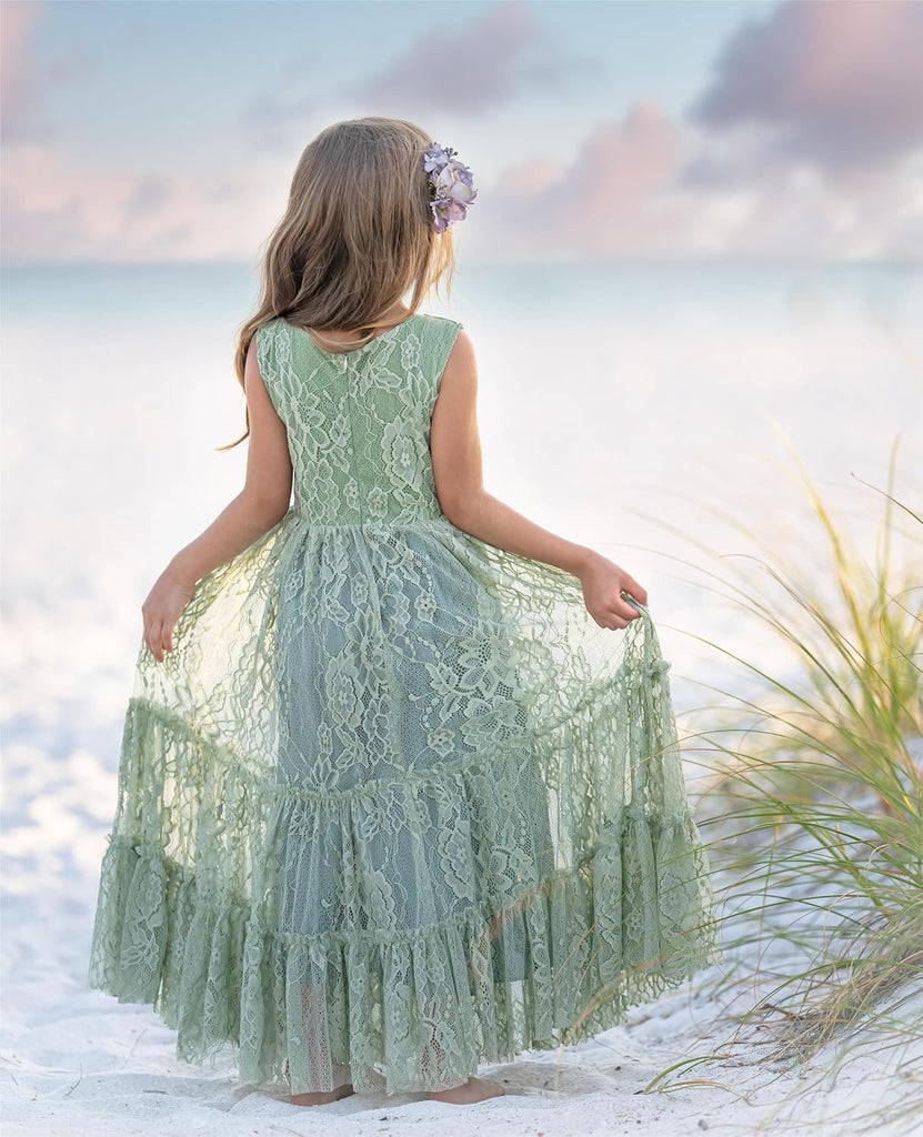 Flower Girl Dress Ruffle Lace Boho Toddler Dresses Sleeveless
