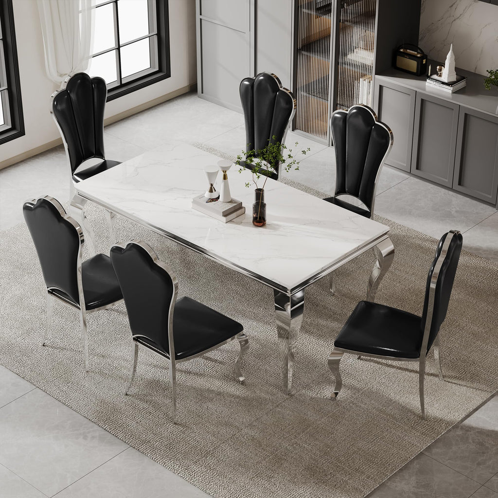 Modern Marble Dining Table for 6-8, 70" Faux Marble Kitchen Table with Silver I-shape Stainless Steel Base, Luxury