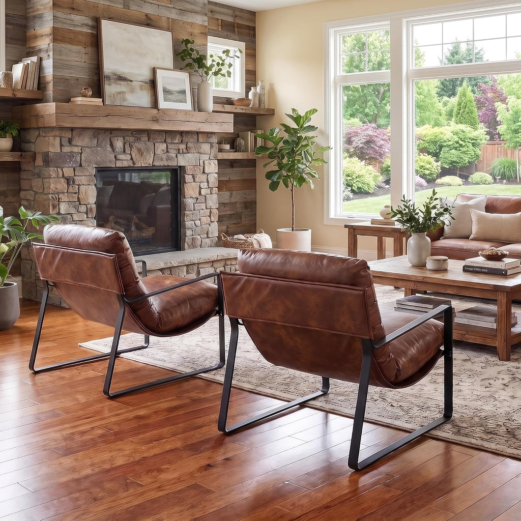 Modern Accent Chair, Comfy Living Room Chair with Removable Seat Cushion, PU Leather Upholstered Lounge - Set of 2