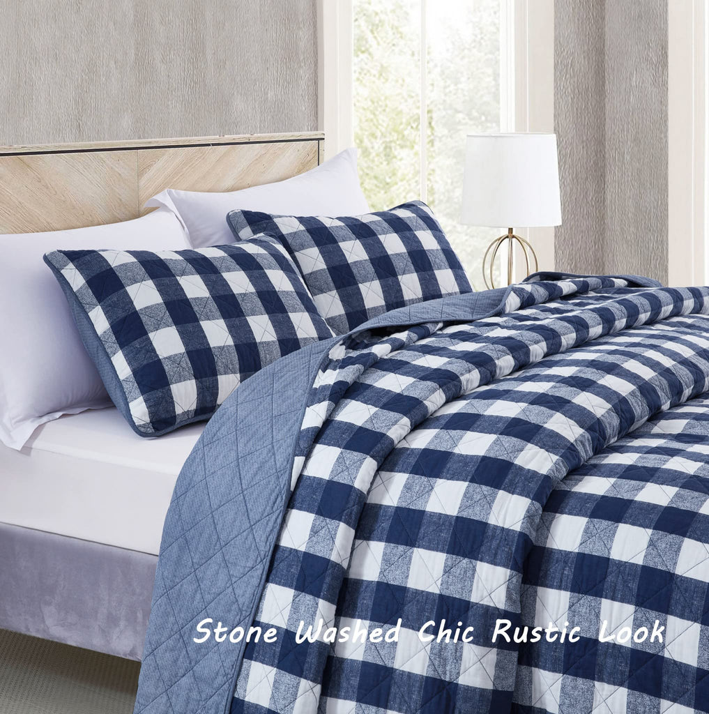 3-Piece Blue White Plaid Cotton Quilt Set - Buffalo Check Solid Reversible Bedspread - Pre-Washed Cotton Lightweight
