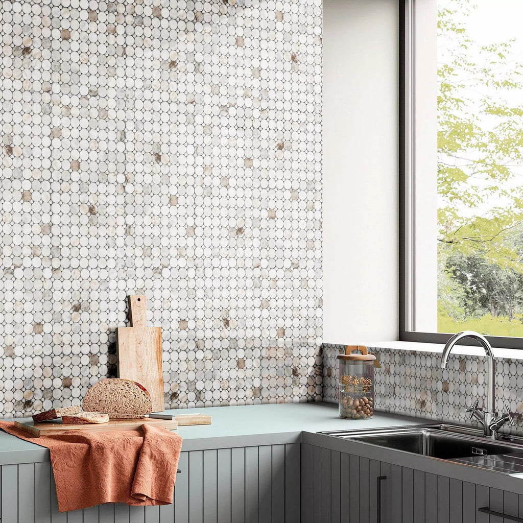 Bianco Orion White Polished Marble Mosaic Tile, Circle Penny Round Pattern, Natural Stone Floor & Wall Tile, Shower