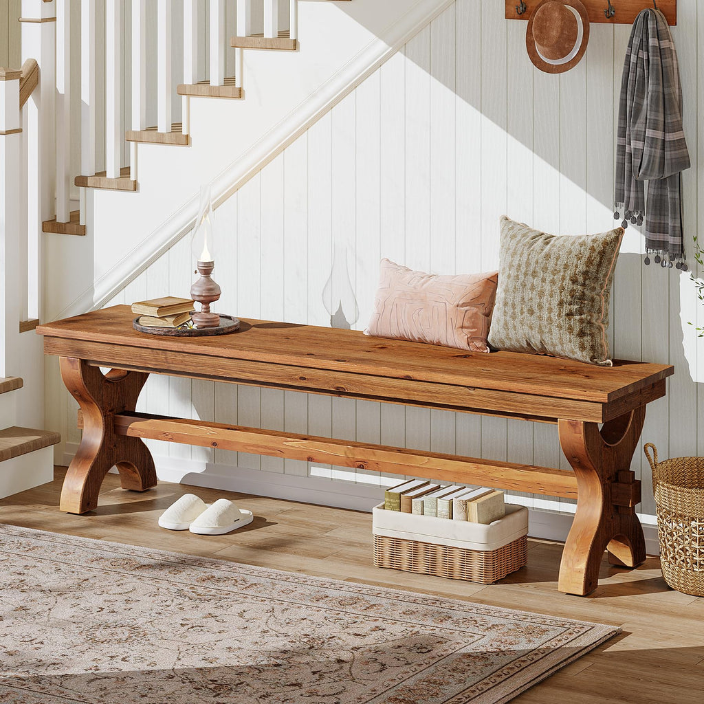 Solid Wood Entryway Bench, 55-Inch Farmhouse Indoor Bench, Narrow Hallway Seat (1, Brown)