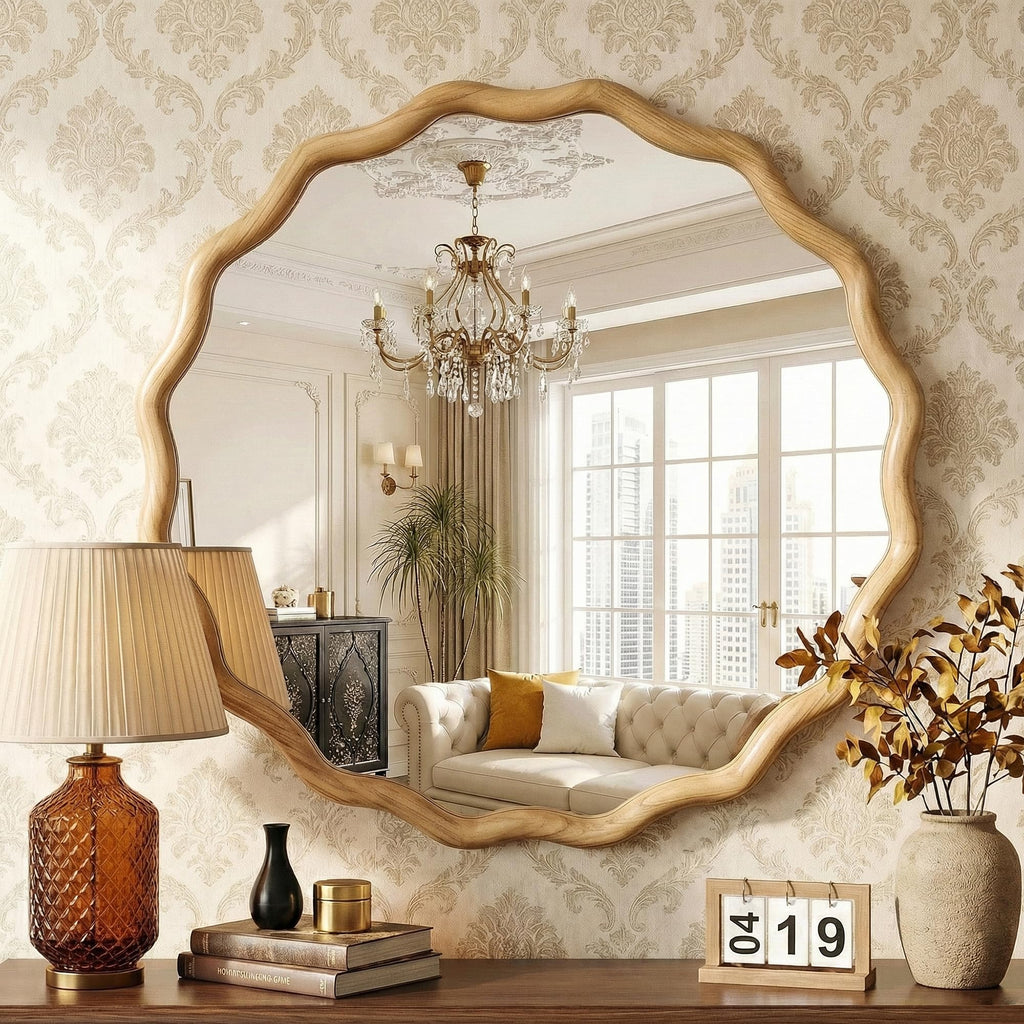 Round Wavy Wood Bathroom Vanity Mirror, 28" Boho Decorative Wall Mirror