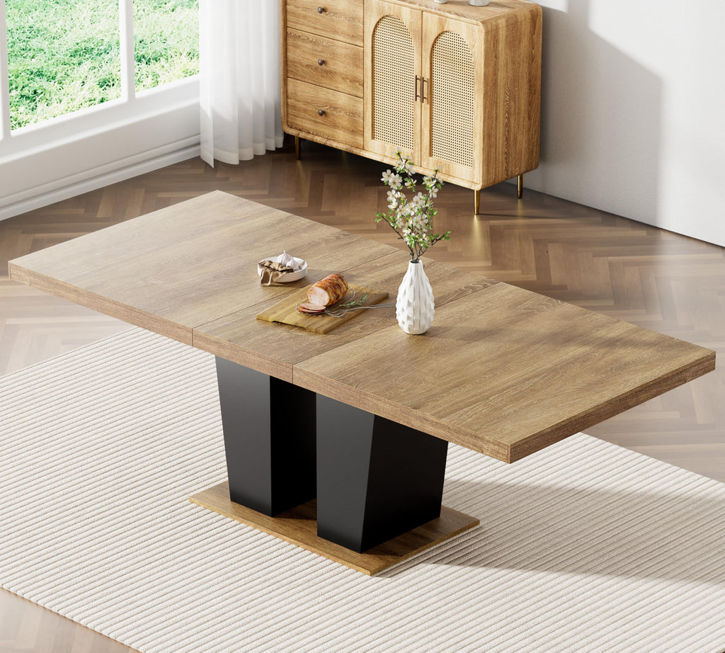 62.99" -78.74" Extendable Dining Table Set of 8, Brown Dining Room Table & 8 Gray Velvet Dining Chairs with Wood Leg