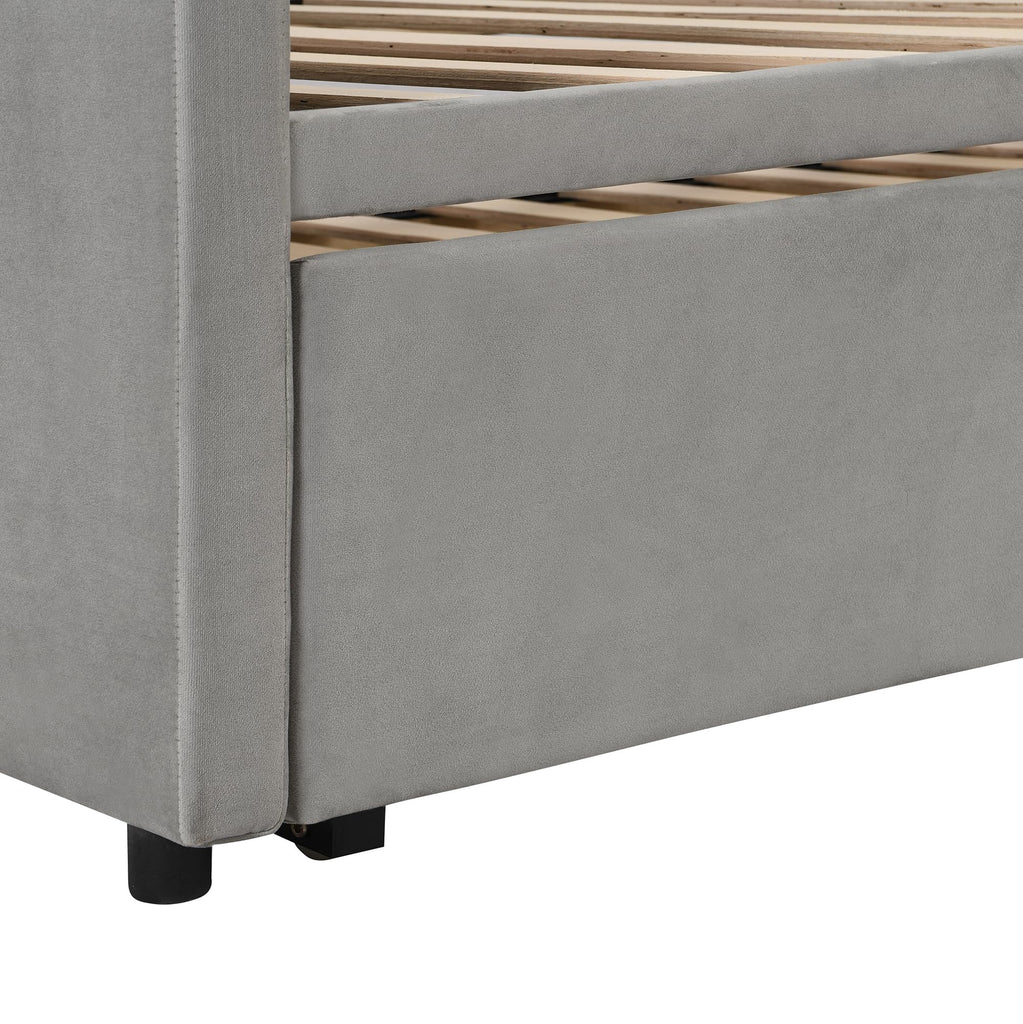Twin Size Daybed, Upholstered Twin Daybed with Extendable Trundle, Twin Size Daybed Frame, Gray