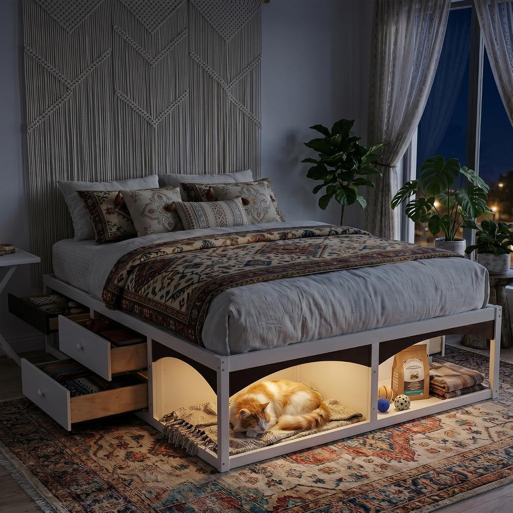 22" H Japanese Wooden Bed Frame with 6-Storage Drawers