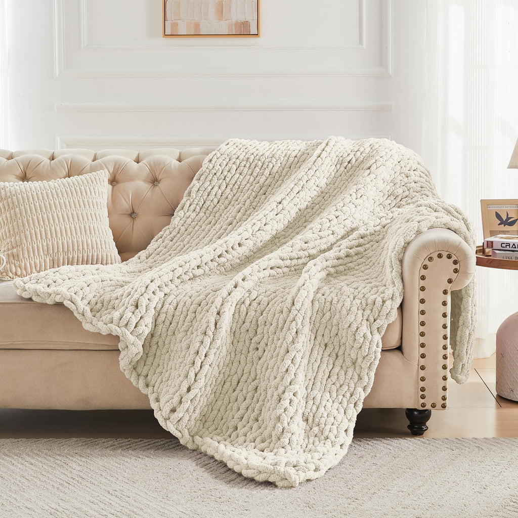 Chunky Knit Throw Blanket 60 x 80, 100% Hand Made, Light Beige