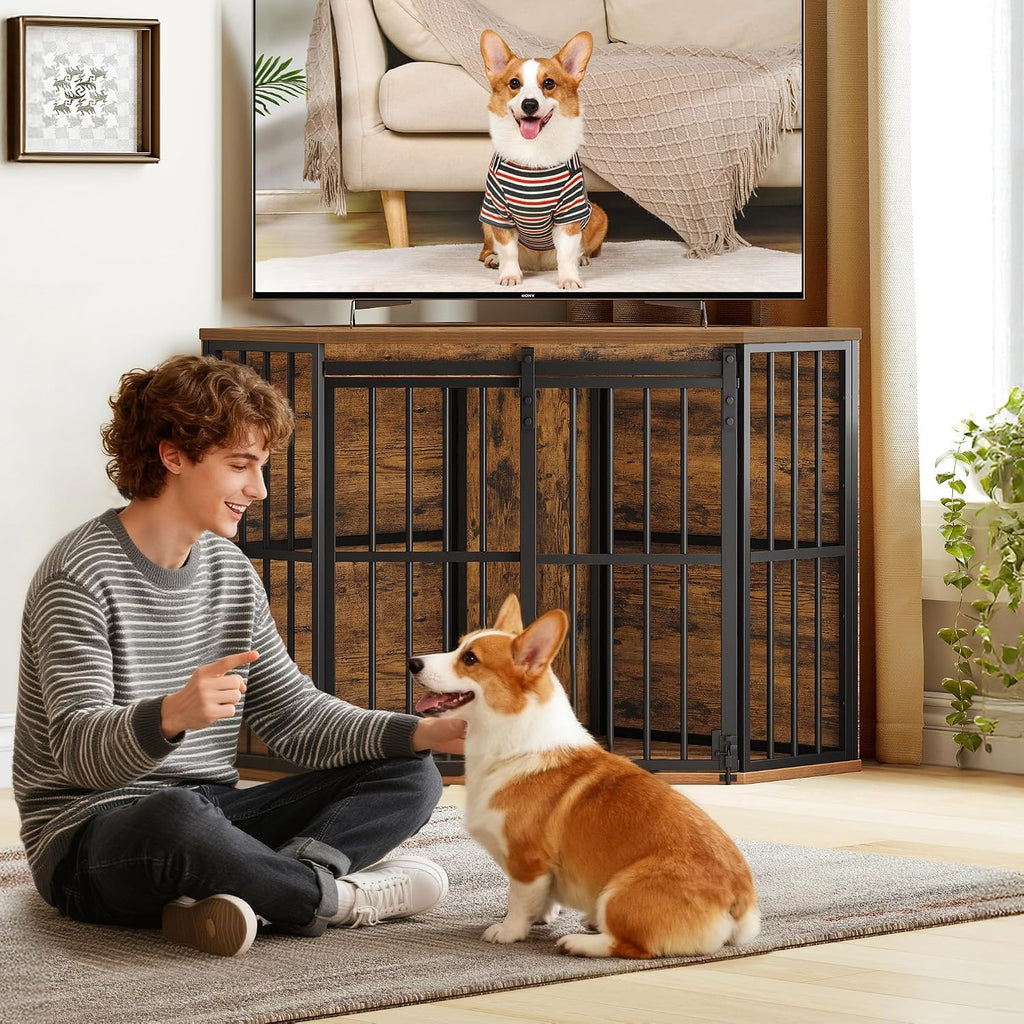 Corner Dog Crate Furniture Wooden Dog Kennel Indoor with Barn Door