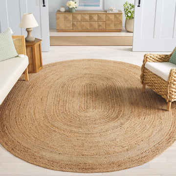 Area Rug Round - Cape Cod Collection- Large - Natural Brown, Handmade Braided Flat Weave Jute (CAP252A)