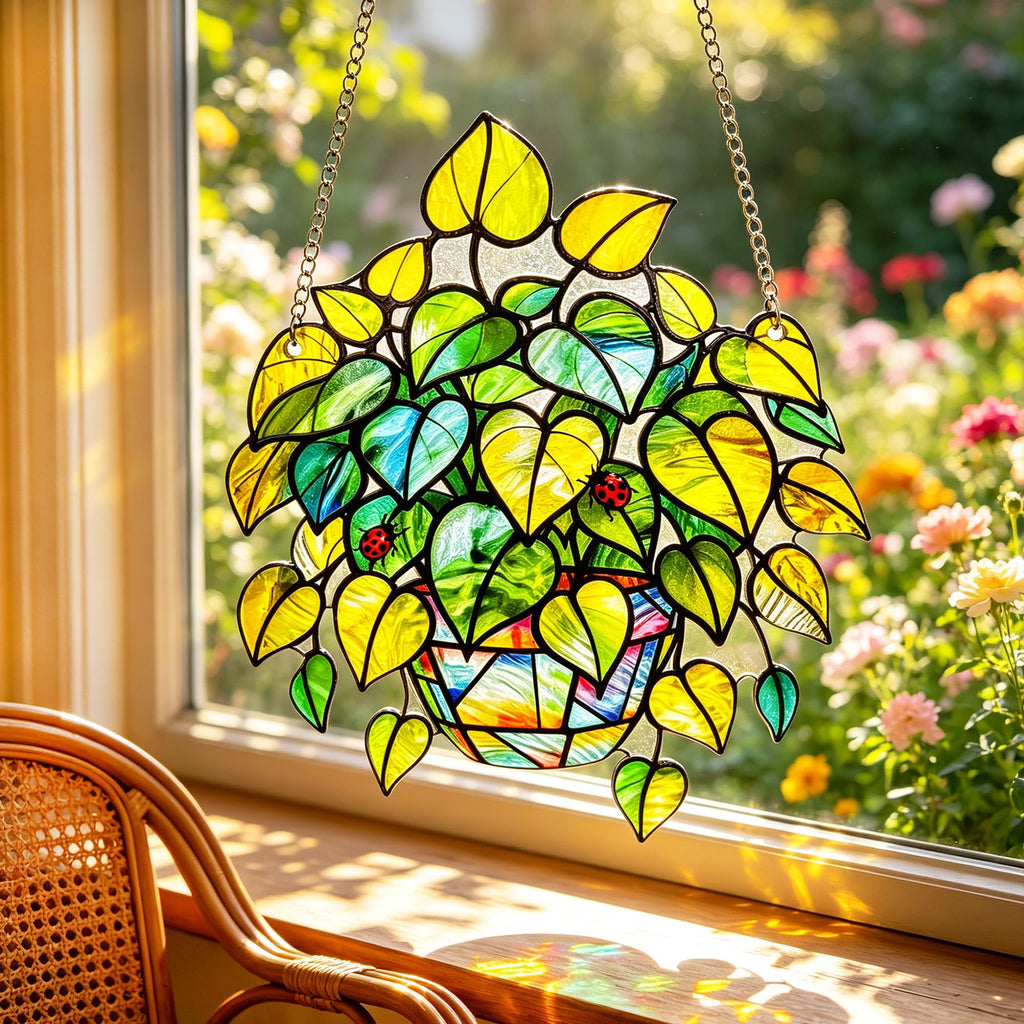 Plant Suncatcher Glass, Stained Glass Suncatcher Plant Window Hanging, Unique Nature Lover Gifts Leaf