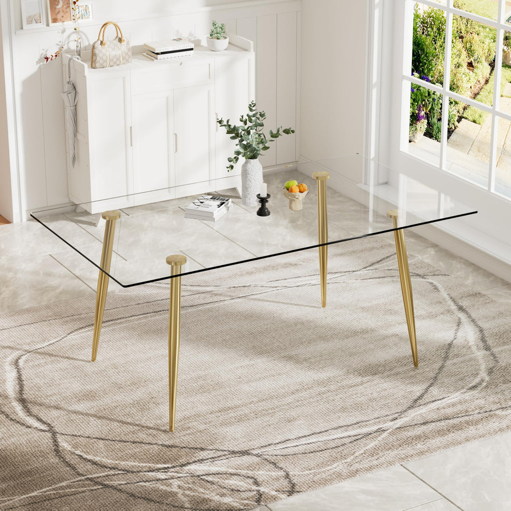 Glass Dining Table for 4 with 63 inch Clear Rectangular Glass Top, 0.31" Modern Tempered Glass Kitchen Table