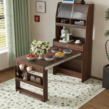 69 Inch Buffet with Hutch and Foldable Dining Table, Walnut | Walnut finish, MDF, dining room or apartment, foldable