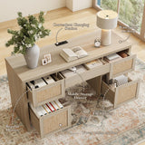 Executive Desk with 5 Drawers, 57" Modern Rattan Home Office Desk with Charging Station, File Drawer