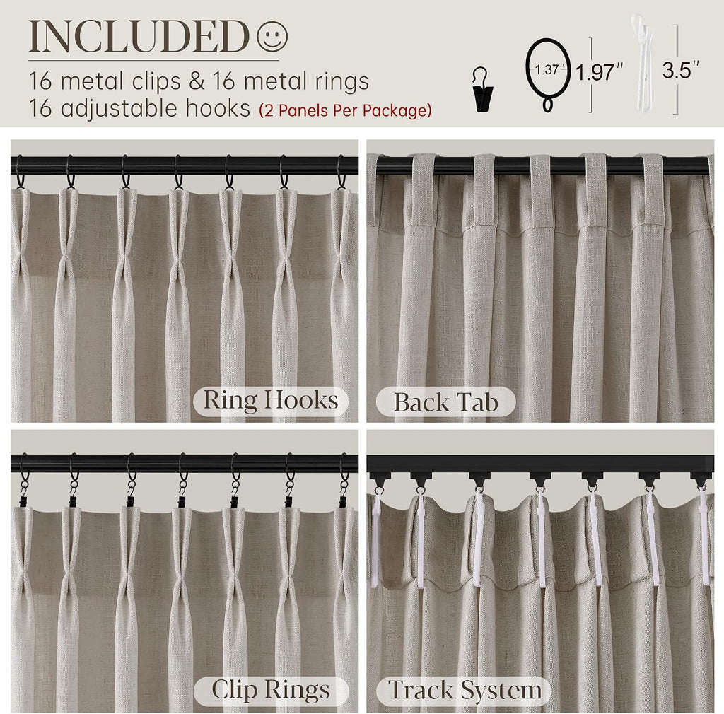 Pinch Pleated Linen Curtains 90 Inches Long 2 Panels for Living Room Bedroom Light Filtering Curtain Memory Shape