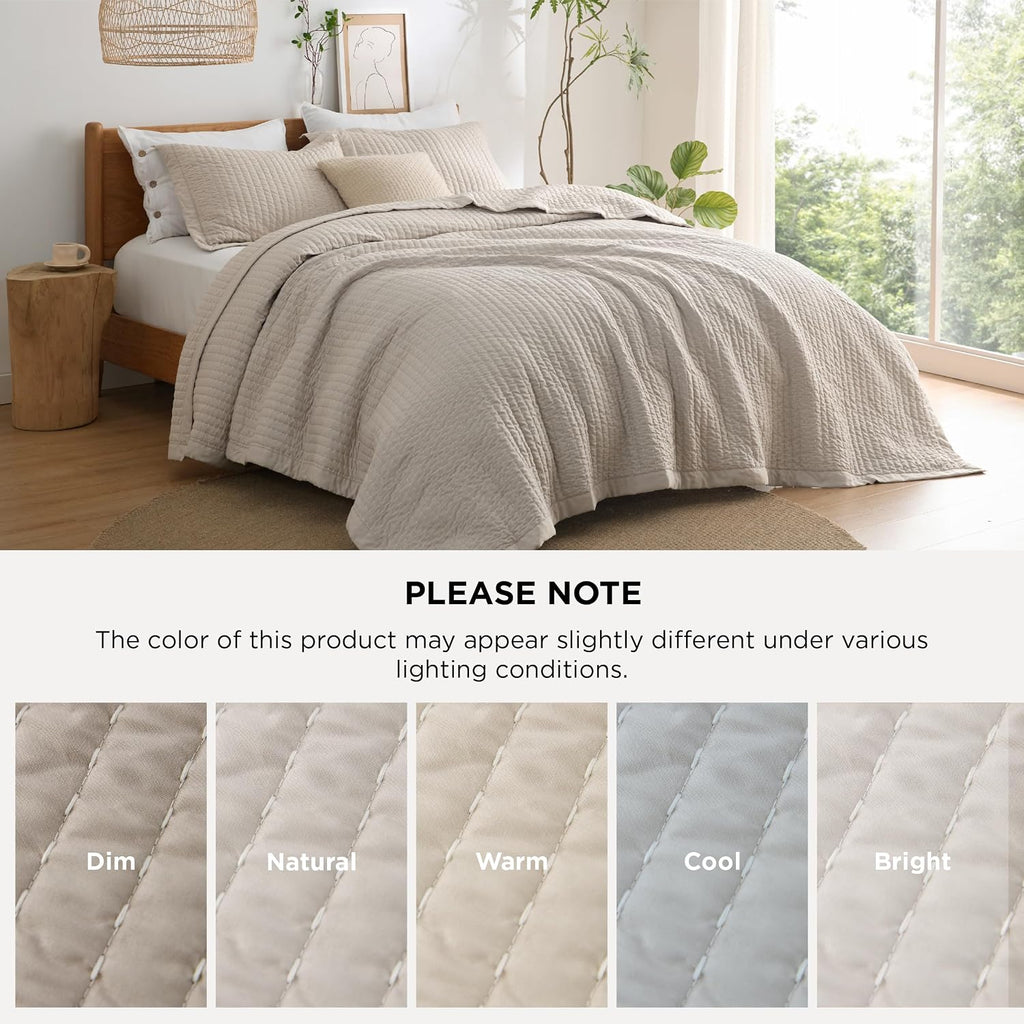 Quilts Queen - Queen Quilt Bedding Set Bedspread Coverlet Comforter, Lightweight Neutral Striped Bedding, 3-Piece Set