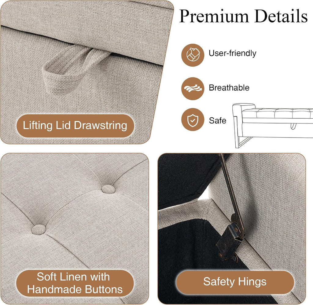57" Storage Ottoman Bench, Upholstered End of Bed Bench, Beige | Metal Legs & Button-Tufted, Linen Ottoman with