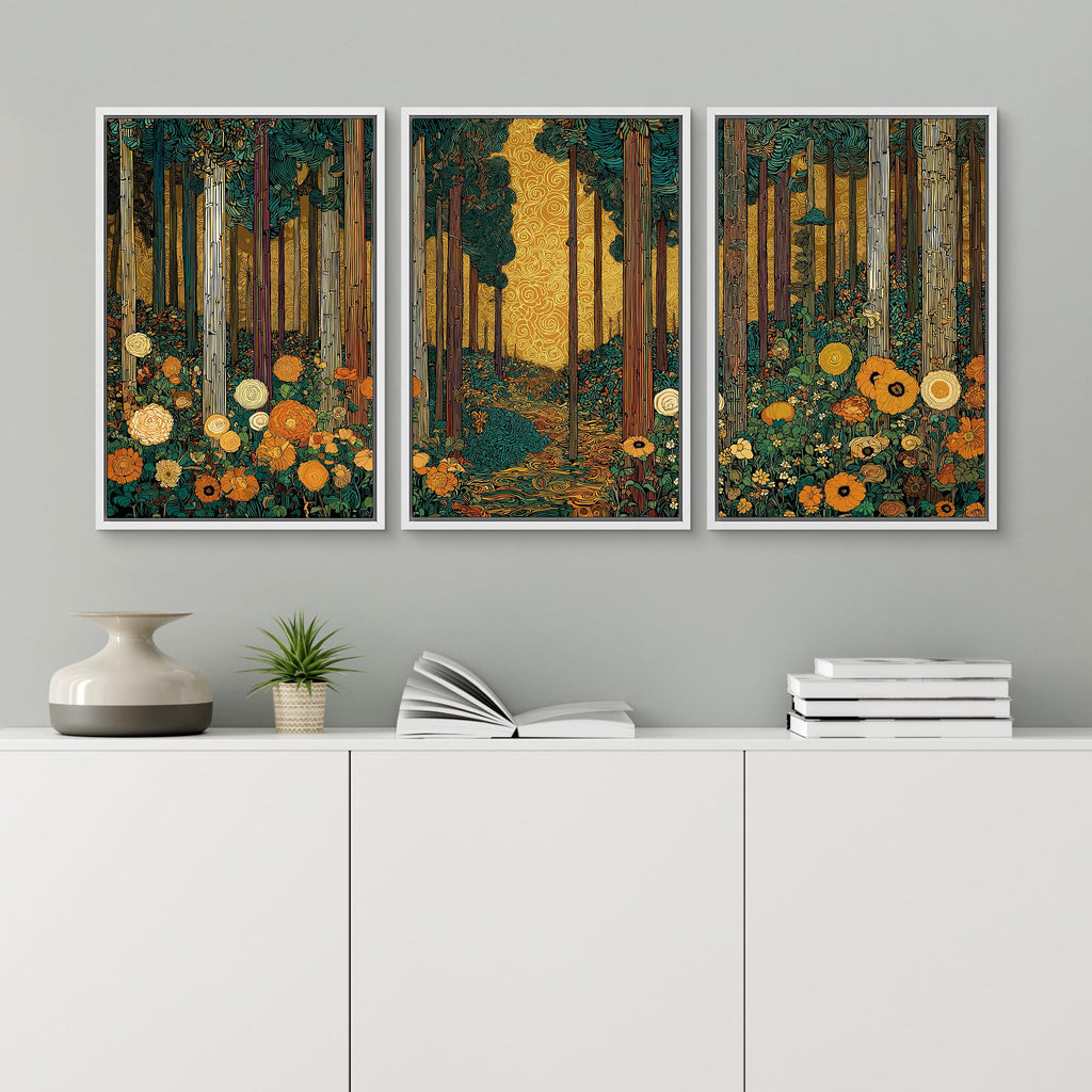 Framed Print Wall Art Set Klimt Style Sunlit Forest Vibrant Green and Gold Floral WoodlandDecorative Minimal
