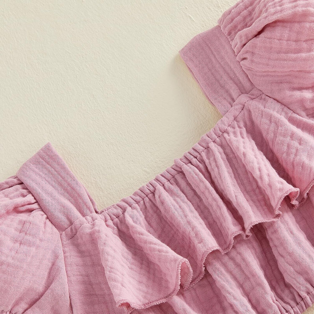 Baby Girl Summer Clothes Toddler Outfit Linen Short Sleeve Ruffle Shirt Crop Top and Belted Shorts 2 Piece Set