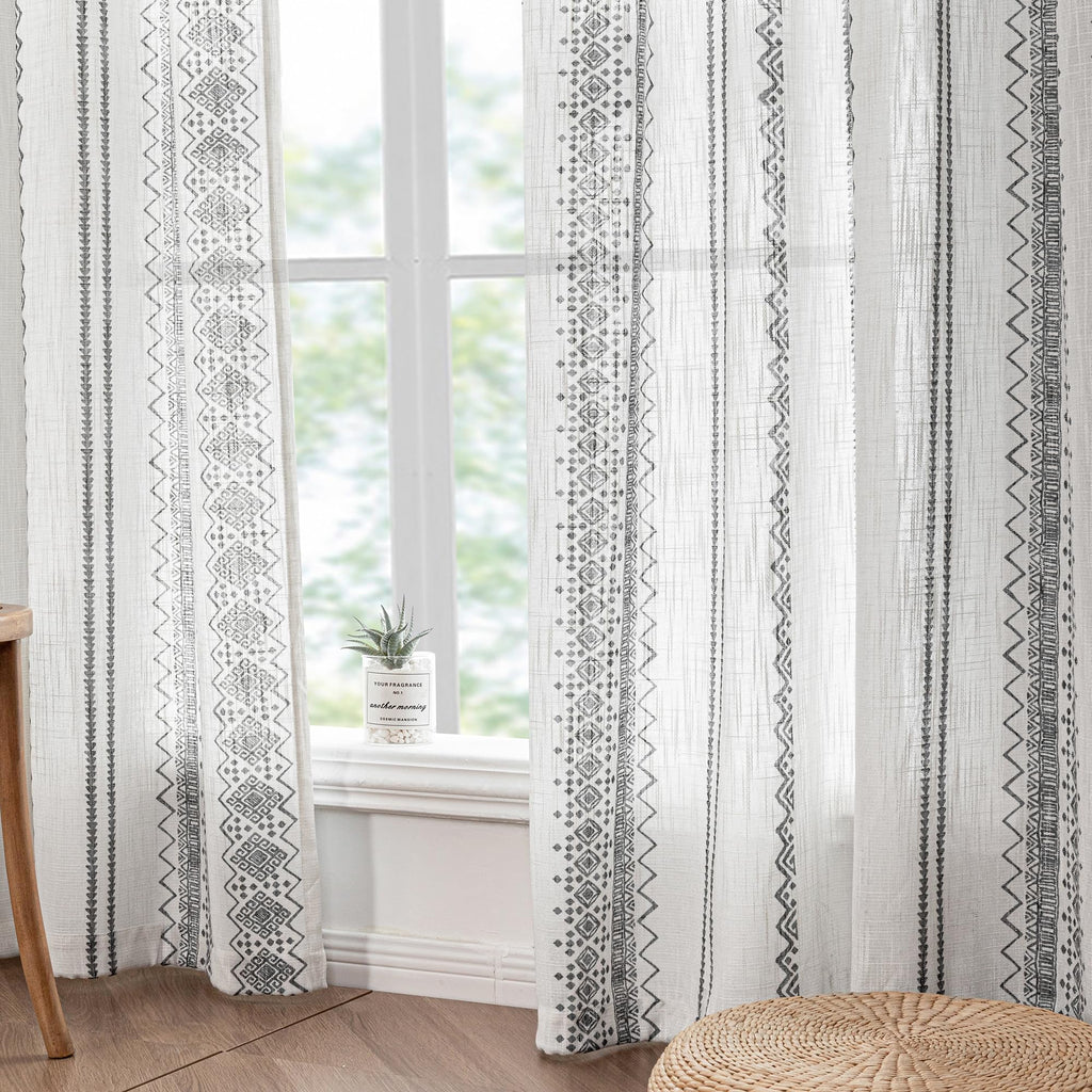 Boho Curtains 84 Inches Long Bohemian Geometric Printed Linen Style Curtains Light Filtering Rod Pocket Window Back