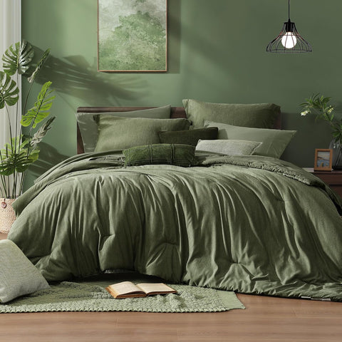 Monbix King Comforter Set, Olive Green King Bed Set Reversible, King Comforter Set 7 Pieces