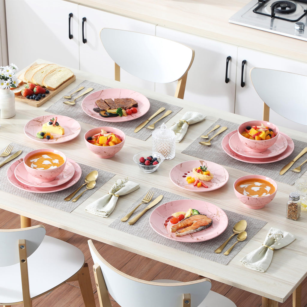 Pink Dinnerware Sets for 4, 12 Piece Porcelain Plates and Bowls Sets, Gold Splash Dish Set, Modern Ceramic Dinner