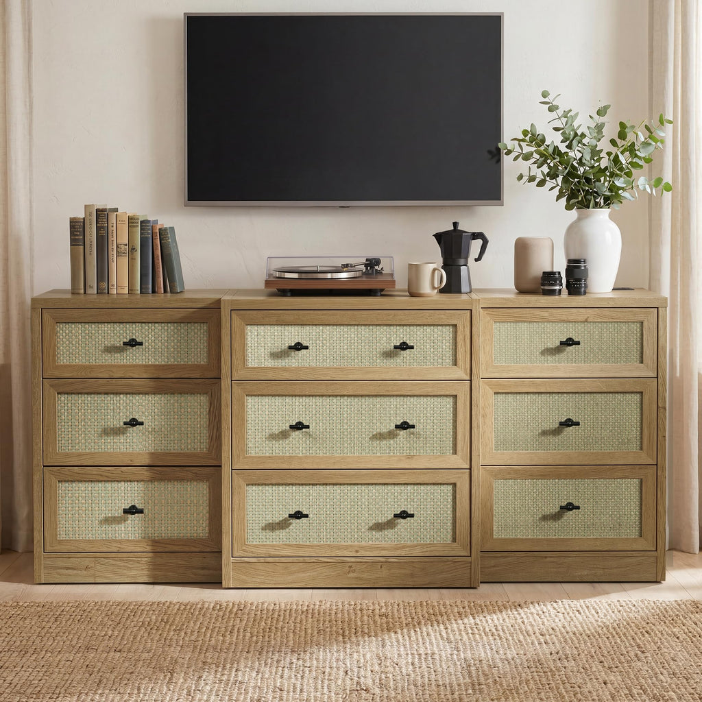 9 Drawers Dresser, 63" Wide Rattan Dressers w/Charging Station