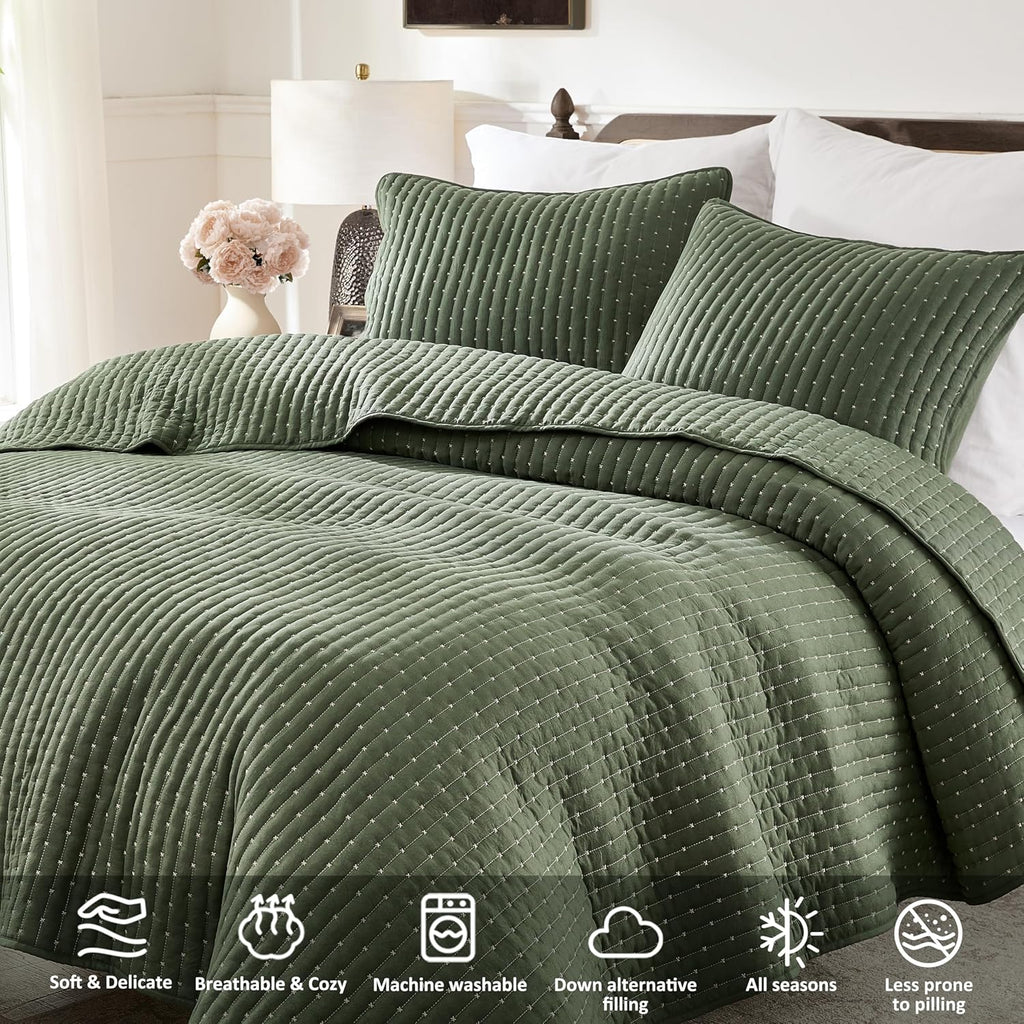 Olive Green Cross Stitch Queen Quilt Set, Striped Lightweight Soft Bedspread, Channel Farmhouse Rustic Coverlet, All