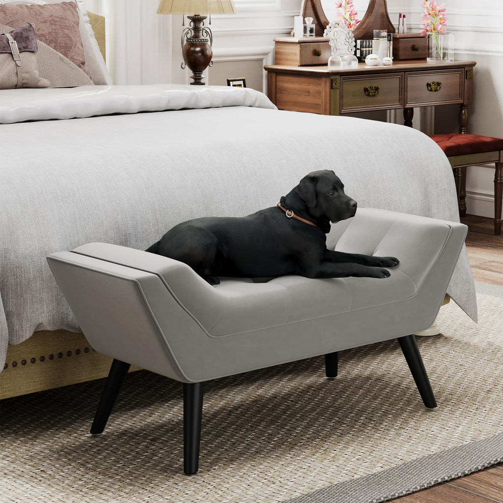 Upholstered Tufted Small Cute Bench Ottoman Foyer Bathroom Vanity Bedroom (One Seater, Velvet Grey)