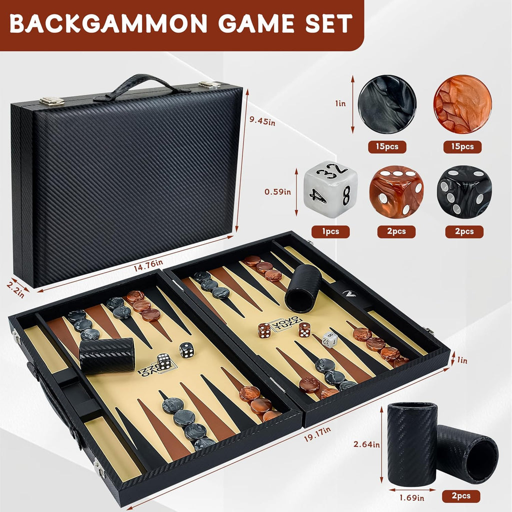 15 Inch Backgammon Set for Adults, Premium Carbon Fiber PU Leather Foldable Backgammon Board Game, Portable Travel