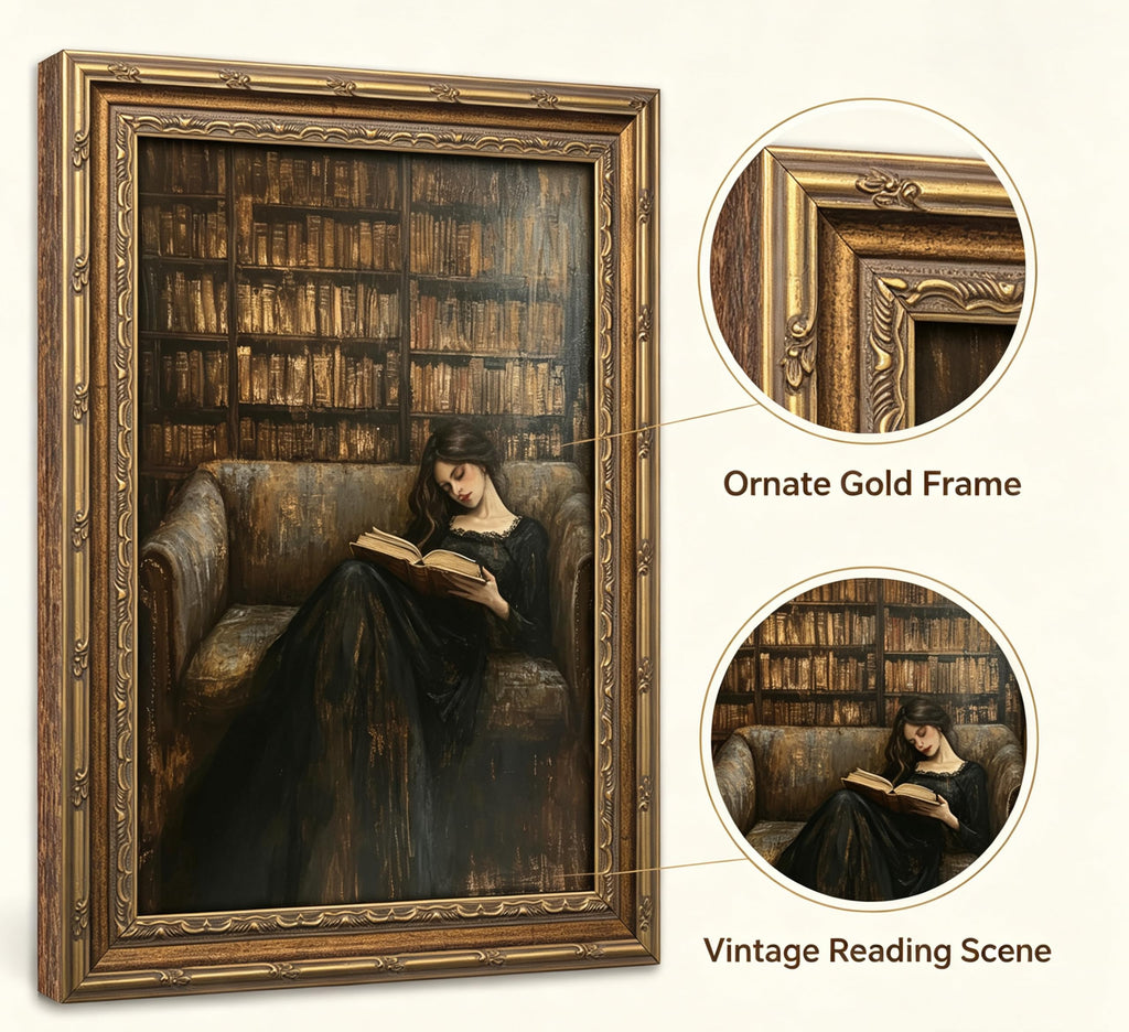 Vintage Gold Framed Gothic Wall Art, Victorian Women Reading Oil Painting Canvas Prints, Dark Academia Picture Wall