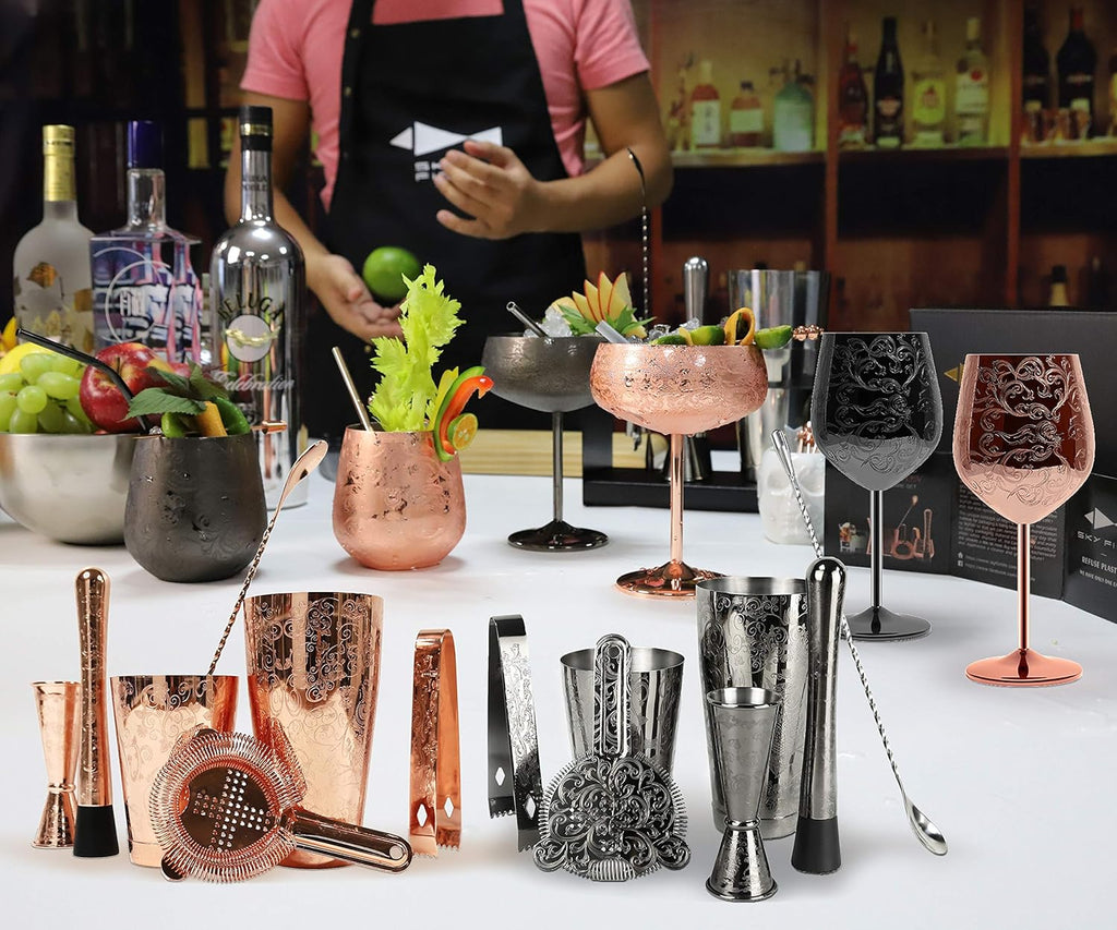 Bartender Kit Cocktail Shaker Set- Stainless Steel Black Plated Etching Bar Tools with Boston Shaker - Set of 7