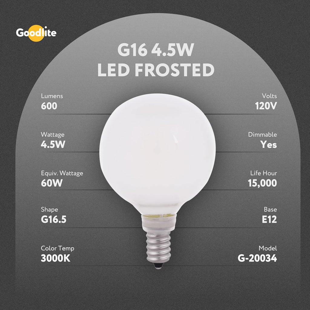 4.5 Filament Vintage LED G16.5 Globe Bulb, E12 Base, Dimmable 600 Lumens 3000k Warm White, Equivalent to 60w