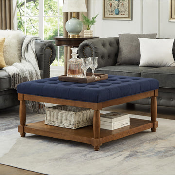 Large Square Upholstered Tufted Linen Ottoman Coffee Table with Solid Wood Frame and Open Storage Shelf, Nailhead