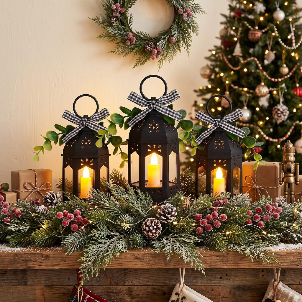 Farmhouse Mini Lanterns for Centerpieces Tiered Tray Decor, Black - Set of 3