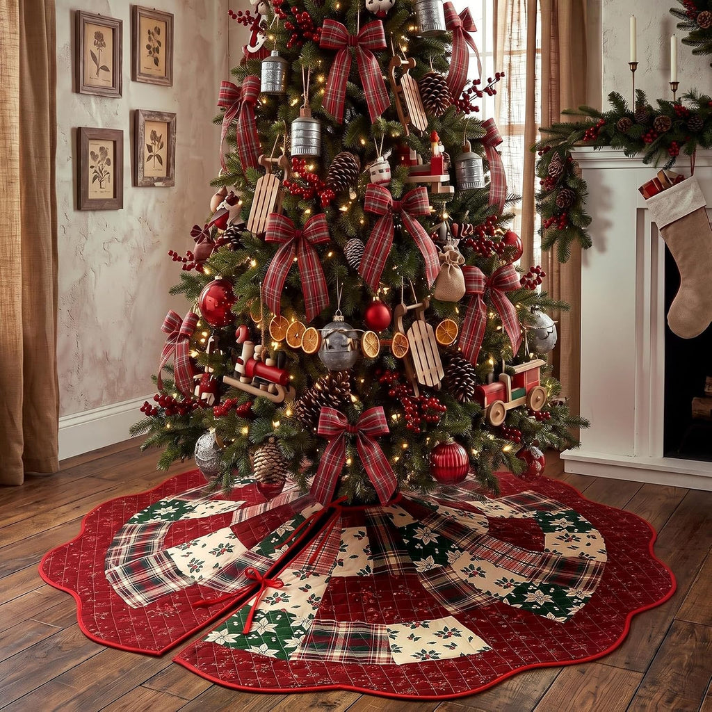 Plaid Patchwork 60in Christmas Tree Skirt Tartan Tree Decor