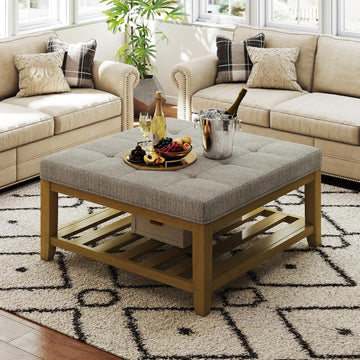 Large Square Ottoman Coffee Table, Linen Solid Upholstered Footrest Ottoman with Solid Wood Shelf Storage Tufted