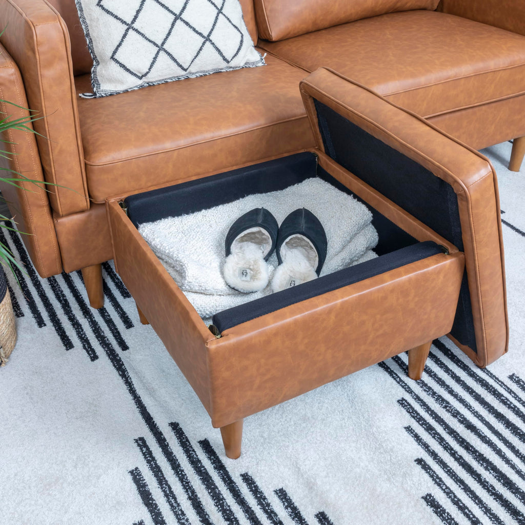 Atley Upholstered Modern Ottoman with Storage and Solid Wood Legs, Cognac Vegan Leather