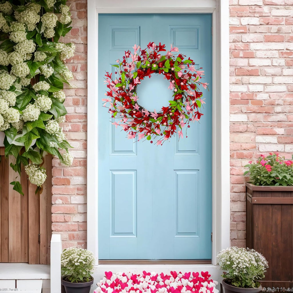20 Inch Valentine's Day Wreath, Valentines Day Wreaths for Front Door with Pink Forsythia Flowers, Heart Shaped