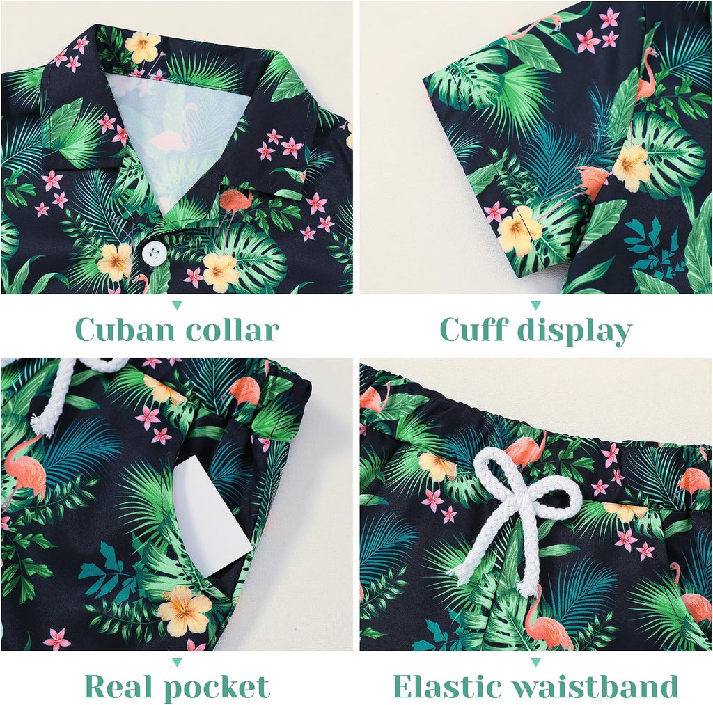 Boys Hawaiian Outfit 2Pcs Set Summer Beach Button-Down Shirt Top + Shorts for Kids