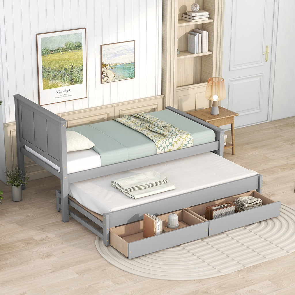 Twin Size Platform Bed with Trundle and Drawers, Wood Twin Platform Bed Frame, Twin Daybed with Trundle & Drawers