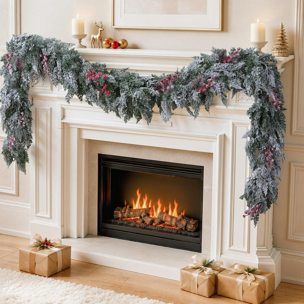 9FT Christmas Cedar Garland Flocked with Artificial Pine Cones Red Berries, Real Touch Faux Greenery Winter Frosted