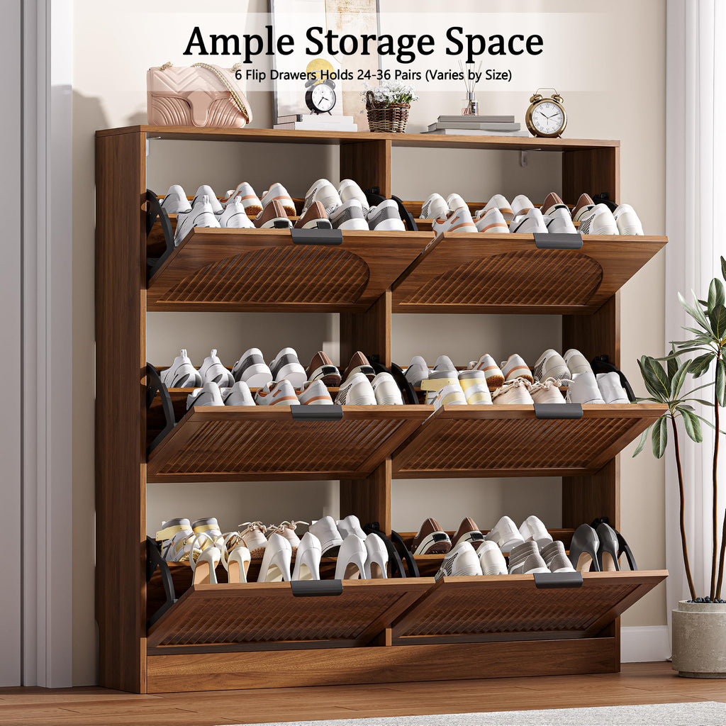Fluted Shoe Storage Cabinet, 6 Flip Drawers, Walnut