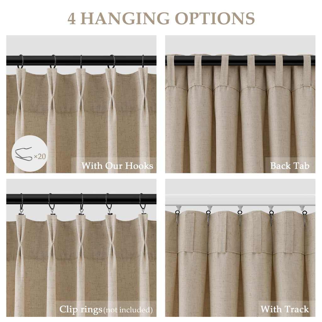 Eggshell Beige Extra Long Linen Pinch Pleated Curtains 108 Inches Long Pinch Pleat Drape Hooks Rings Back Tab Semi
