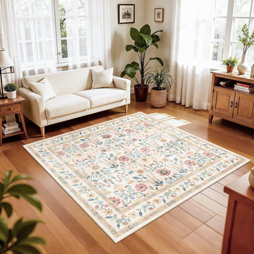 Vintage Floral Area Rug 5x5, Antique Inspired 5' x 5' Square Rug with Ornate Botanical Pattern, Distressed