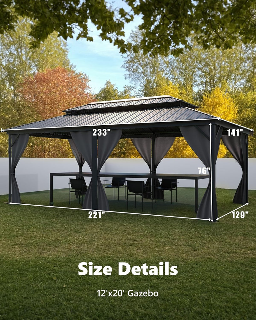 Hardtop Gazebo 12 ft x20 ft for All Weather, with Double Metal Roof, Net, and Curtain, Permanent Building and Garden