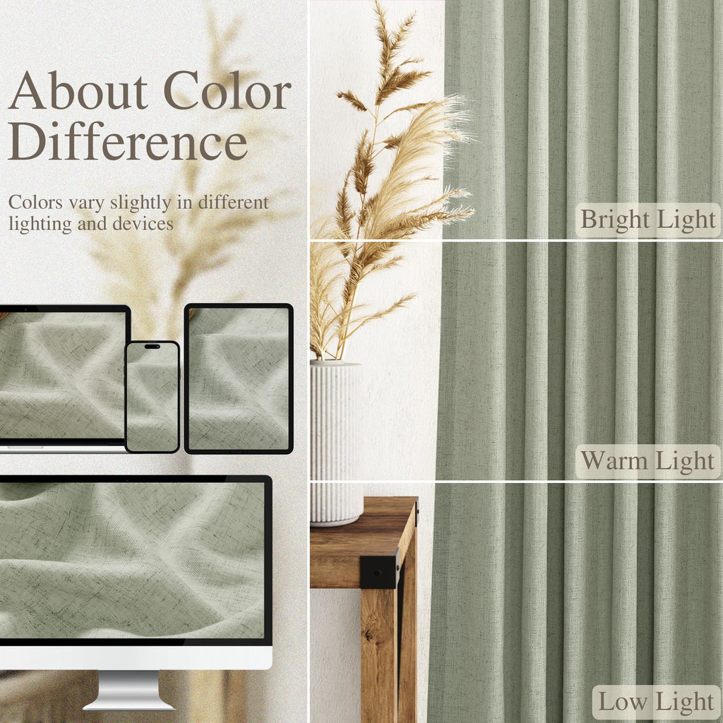 Sage Green Curtains 120 inches Long 2 panels Back Tab Rod Pocket Semi Sheer Linen Drapes Neutral Room Decor Earth