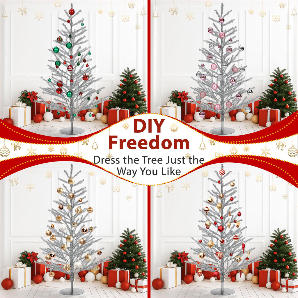 4ft Silver Christmas Tree, Retro Aluminum Christmas Tree, Tinsel Trees