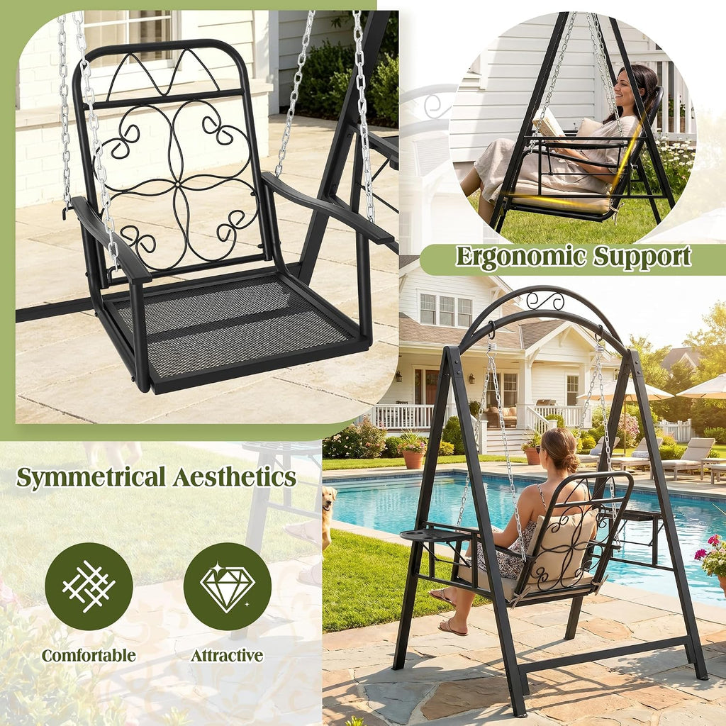 Porch Swing with Stand, Heavy-Duty Metal Patio Swing with Cup Holder | Outdoor Swings Chair for adults with Soft